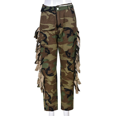 Tassel-Decorated High-Waisted Green Camo Cargo Pants