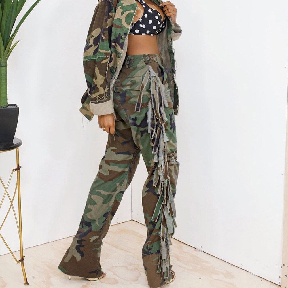 Tassel-Decorated High-Waisted Green Camo Cargo Pants