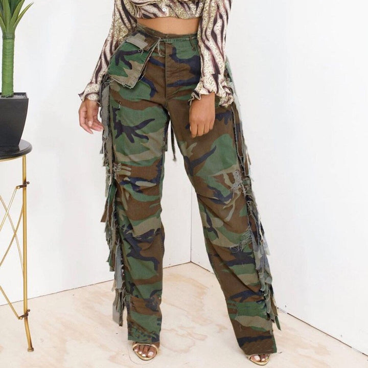 Green Camouflage Tassel Patchwork Cargo Pants Women Design Casual Hight Waist Straight Pocket Trousers Streetwear