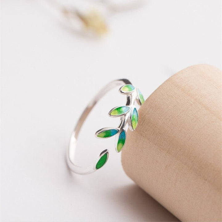 Green Leaf Handmade Creative 925 Sterling Silver Temperament Personality Fashion Female Trendy Resizable Opening Rings SRI028