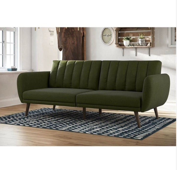 Green Linen Upholstered Futon Sofa Bed with Mid-Century Style Wooden Legs