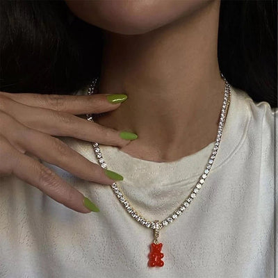 Gummy Mini Bear Rhinestone Necklace For Whimsical Style Cute Bear Pendant Jewelry Gift