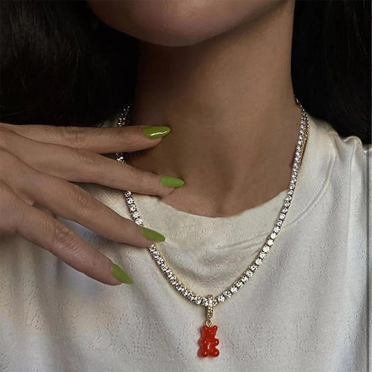 Gummy Mini Bear Rhinestone Necklace For Whimsical Style Cute Bear Pendant Jewelry Gift