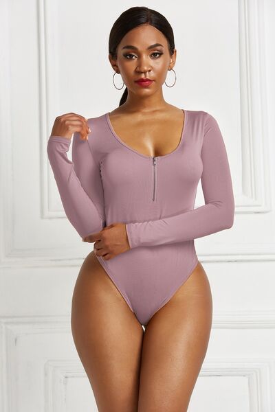 Sleek Half Zip Long Sleeve Scoop Neck Bodysuit for Women