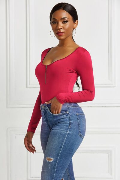 Sleek Half Zip Long Sleeve Scoop Neck Bodysuit for Women