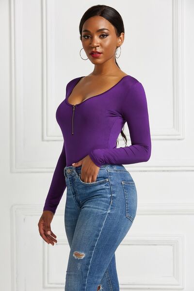 Sleek Half Zip Long Sleeve Scoop Neck Bodysuit for Women