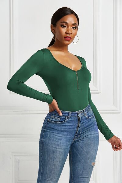 Sleek Half Zip Long Sleeve Scoop Neck Bodysuit for Women