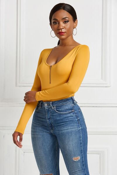 Sleek Half Zip Long Sleeve Scoop Neck Bodysuit for Women