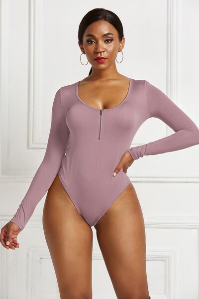 Sleek Half Zip Long Sleeve Scoop Neck Bodysuit for Women