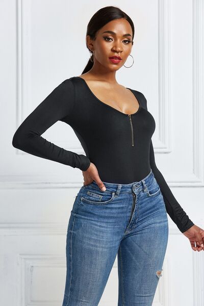 Sleek Half Zip Long Sleeve Scoop Neck Bodysuit for Women