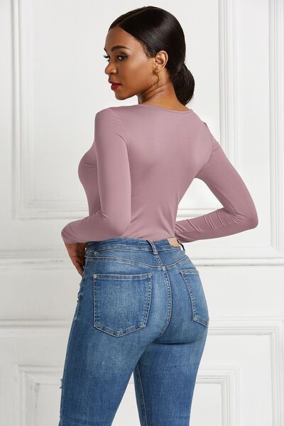 Sleek Half Zip Long Sleeve Scoop Neck Bodysuit for Women