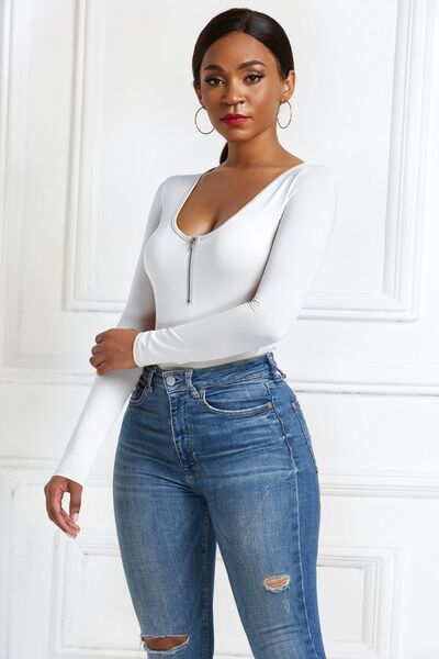 Sleek Half Zip Long Sleeve Scoop Neck Bodysuit for Women