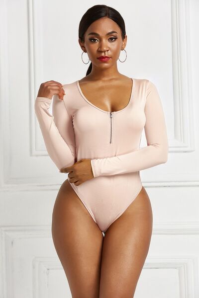 Sleek Half Zip Long Sleeve Scoop Neck Bodysuit for Women