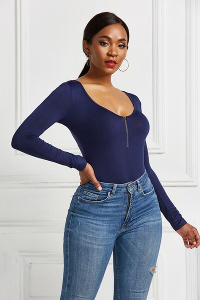 Sleek Half Zip Long Sleeve Scoop Neck Bodysuit for Women
