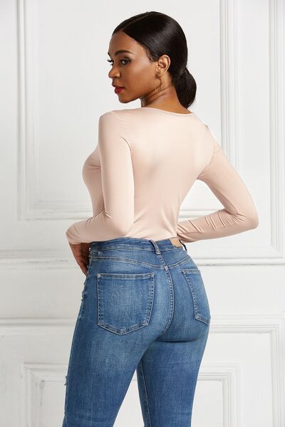Sleek Half Zip Long Sleeve Scoop Neck Bodysuit for Women