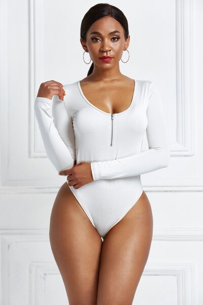 Sleek Half Zip Long Sleeve Scoop Neck Bodysuit for Women