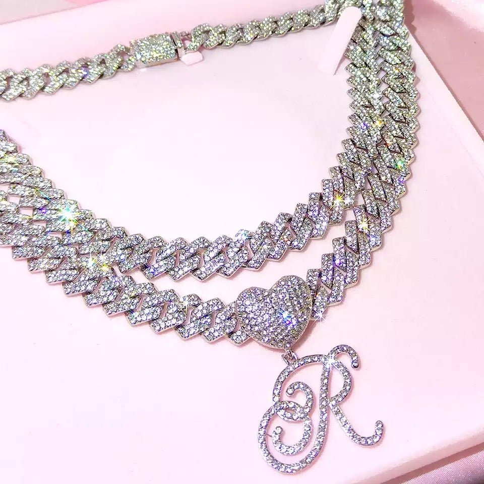 Heart Cuban Initial Chain Necklace On Cuban Link Personalize With Initials Jewelry Gift