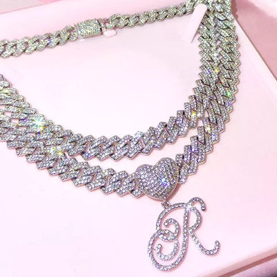 Heart Cuban Initial Chain Necklace On Cuban Link Personalize With Initials Jewelry Gift