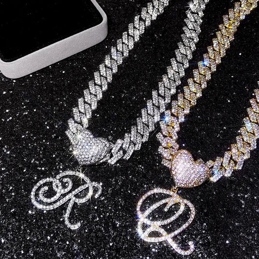 Heart Cuban Initial Chain Necklace On Cuban Link Personalize With Initials Jewelry Gift