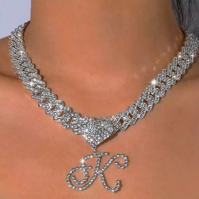 Heart Cuban Initial Chain Necklace On Cuban Link Personalize With Initials Jewelry Gift