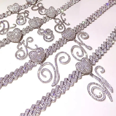 Heart Cuban Initial Chain Necklace On Cuban Link Personalize With Initials Jewelry Gift