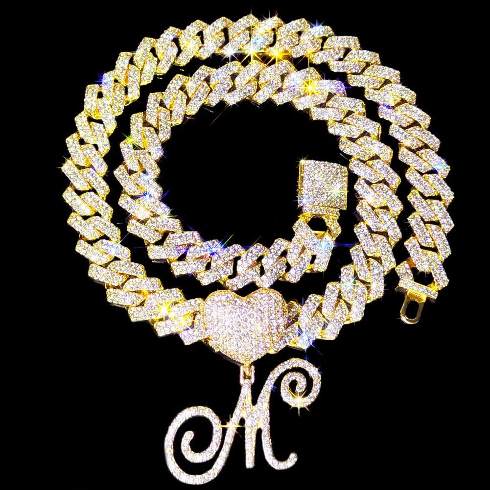 Heart Cuban Initial Chain Necklace On Cuban Link Personalize With Initials Jewelry Gift
