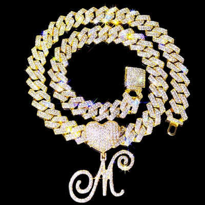 Heart Cuban Initial Chain Necklace On Cuban Link Personalize With Initials Jewelry Gift
