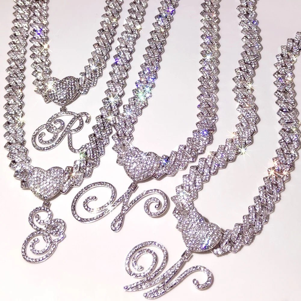 Heart Cuban Initial Chain Necklace On Cuban Link Personalize With Initials Jewelry Gift
