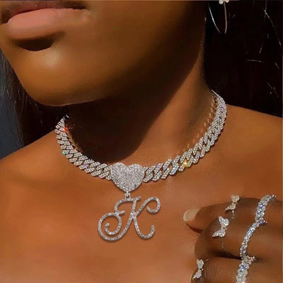 Heart Cuban Initial Chain Necklace On Cuban Link Personalize With Initials Jewelry Gift