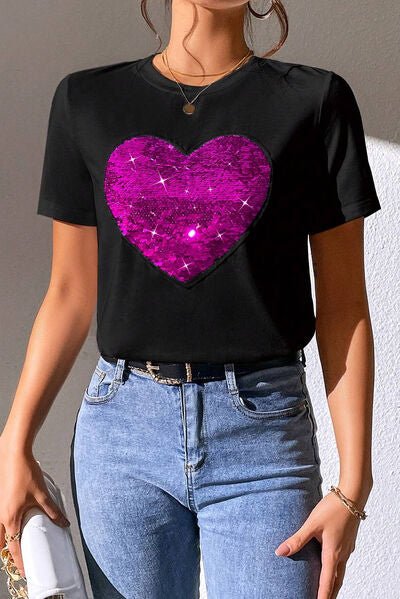 Sparkling Heart Sequin Short Sleeve Tee with Round Neck