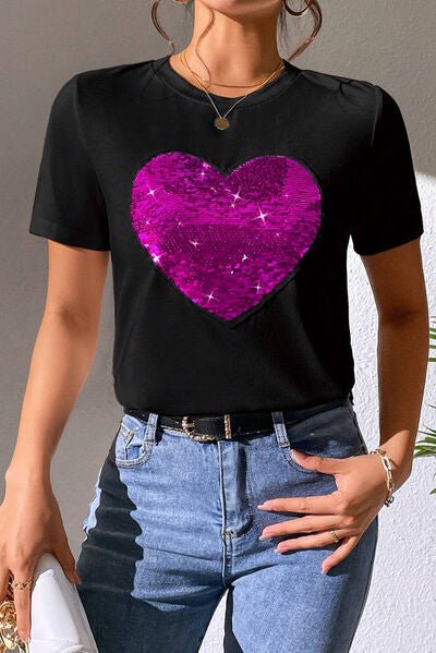 Sparkling Heart Sequin Short Sleeve Tee with Round Neck