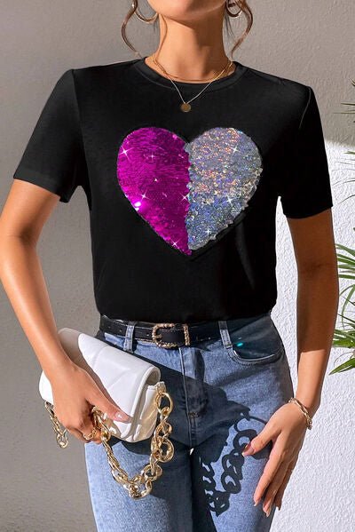 Sparkling Heart Sequin Short Sleeve Tee with Round Neck