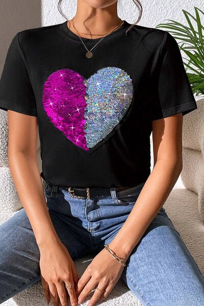 Sparkling Heart Sequin Short Sleeve Tee with Round Neck