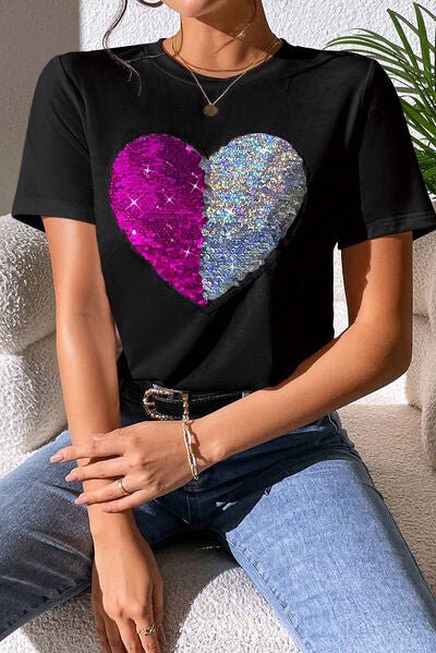 Sparkling Heart Sequin Short Sleeve Tee with Round Neck