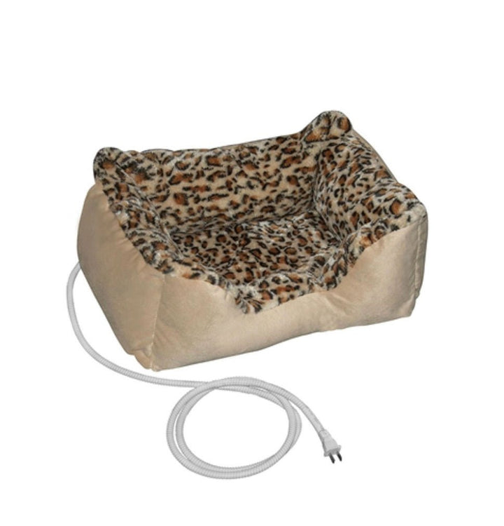 Heated Pet Bed for Small Dog or Cat with Leopard Print Padded Cushion