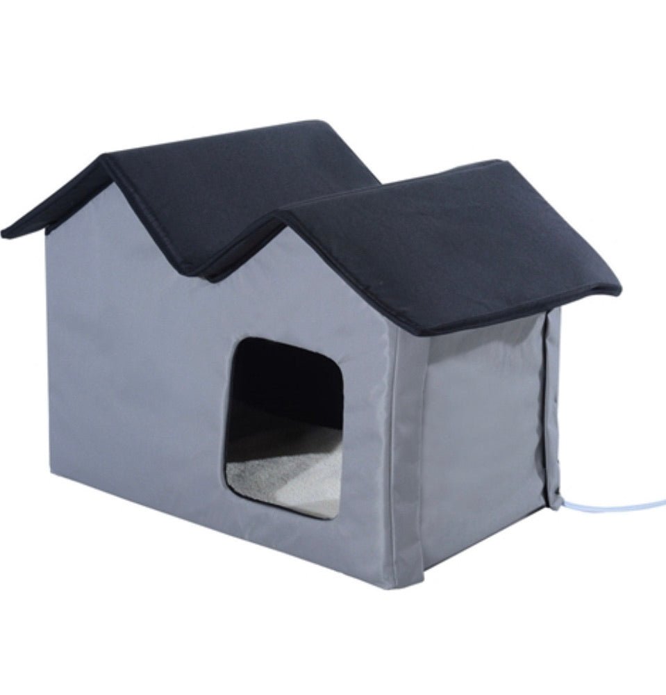 Heated Water-proof Double Wide Outdoor Cat Dog House Foldable Grey