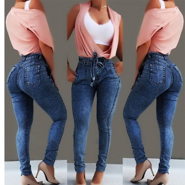 High Waist Jeans Women Streetwear Bandage Denim Plus Size Jeans Femme Pencil Pants Skinny Jeans Woman