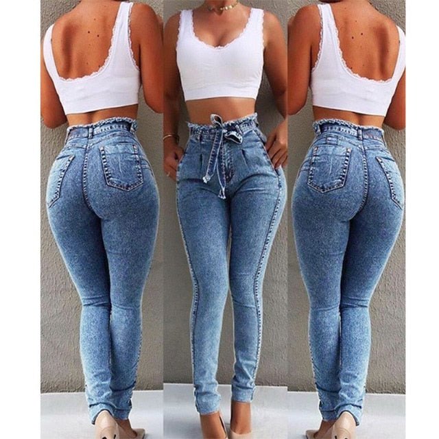 Chic Plus Size High Waist Bandage Denim Skinny Jeans