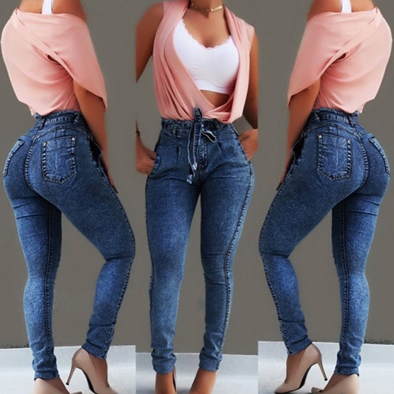 Chic Plus Size High Waist Bandage Denim Skinny Jeans