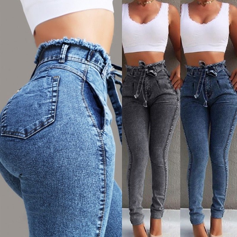 High Waist Jeans Women Streetwear Bandage Denim Plus Size Jeans Femme Pencil Pants Skinny Jeans Woman