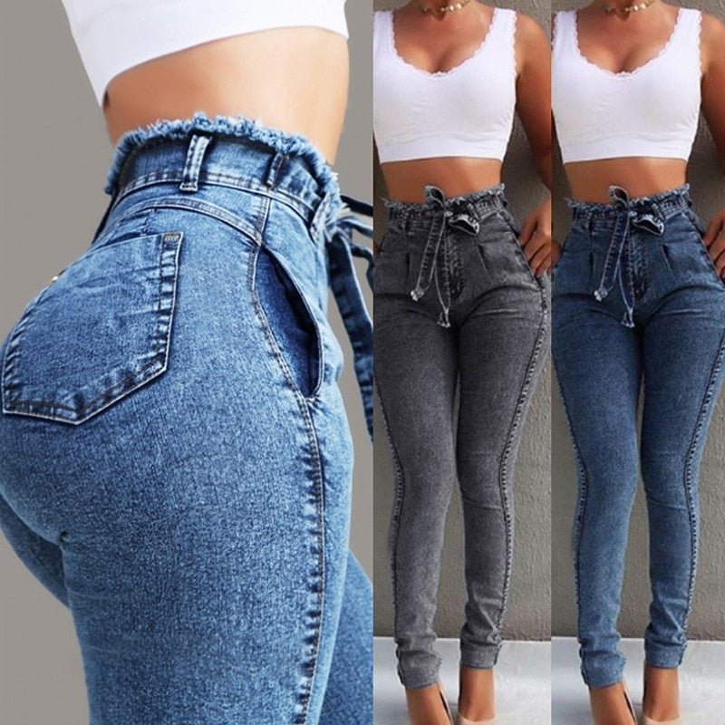 Chic Plus Size High Waist Bandage Denim Skinny Jeans for Women