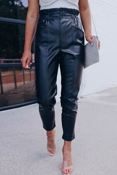 Trendy High Waist Faux Leather Cropped Pants