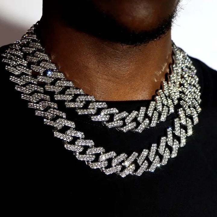 Hip-Hop Fusion: Iced Out Rhinestones Cuban Chain Necklace Set for Stylish Men and Women