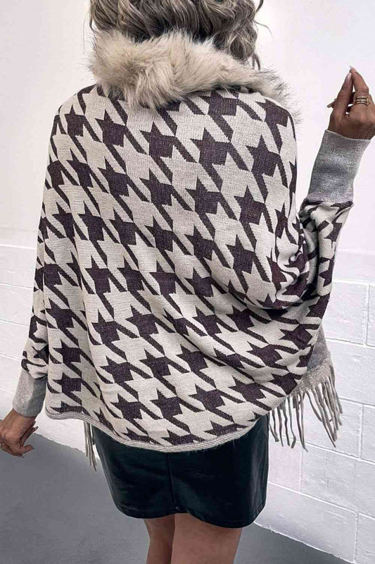 Elegant Houndstooth Fringe Trim Poncho for Chic Style