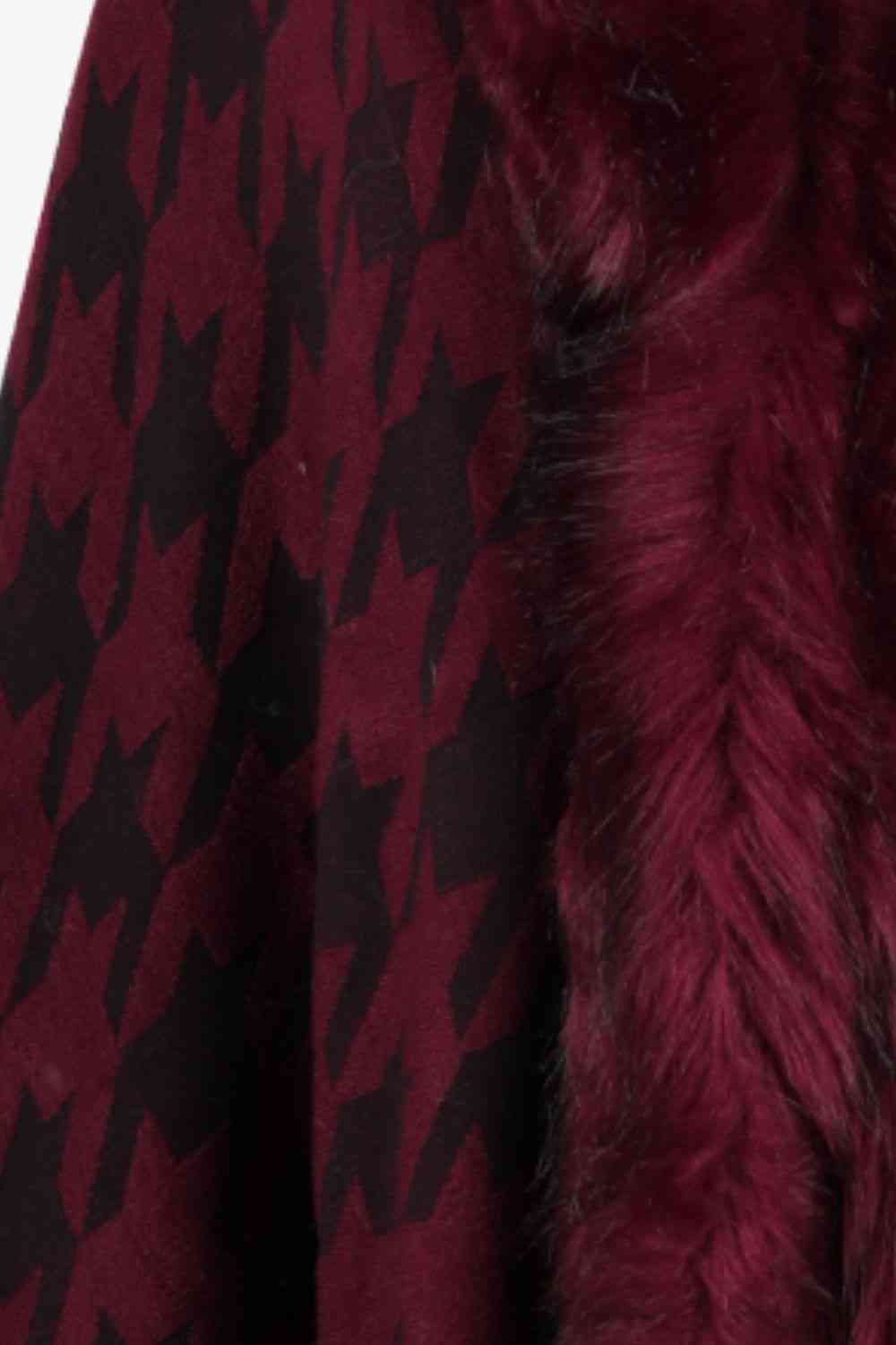 Elegant Houndstooth Fringe Trim Poncho for Chic Style