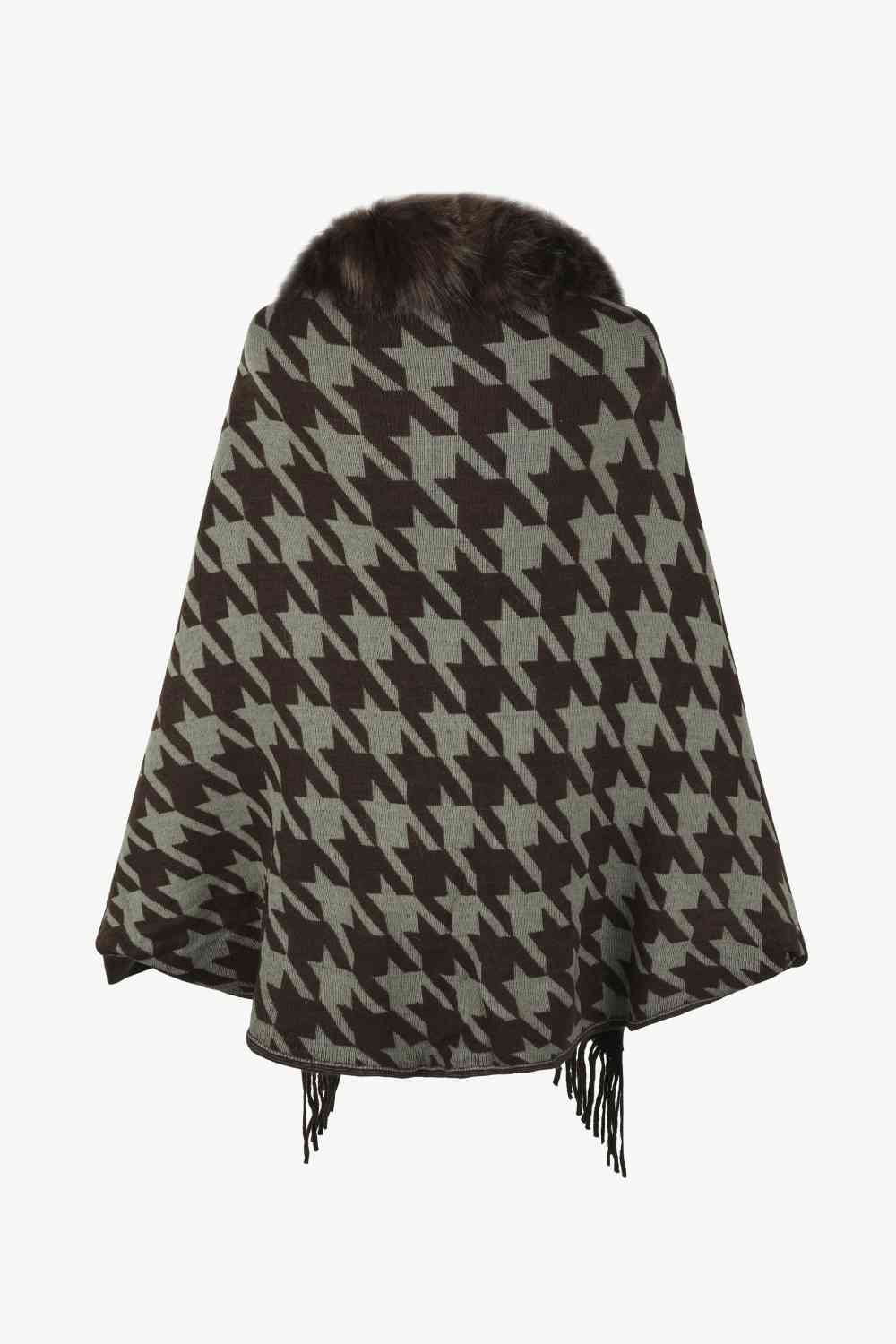 Elegant Houndstooth Fringe Trim Poncho for Chic Style