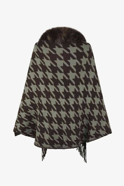 Elegant Houndstooth Fringe Trim Poncho for Chic Style