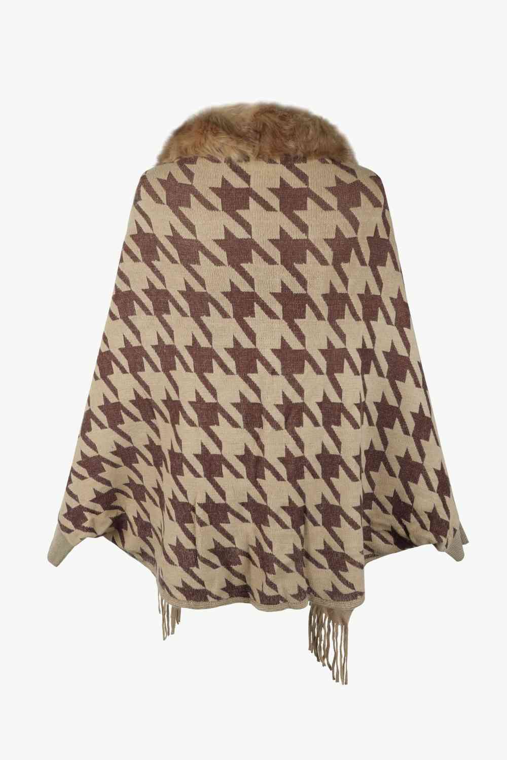 Elegant Houndstooth Fringe Trim Poncho for Chic Style