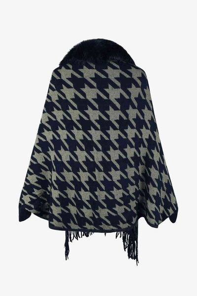Elegant Houndstooth Fringe Trim Poncho for Chic Style