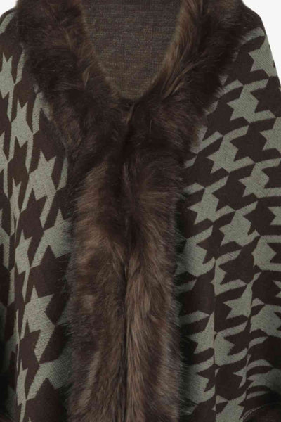 Elegant Houndstooth Fringe Trim Poncho for Chic Style
